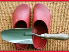 Margaret's garden clogs and trowel